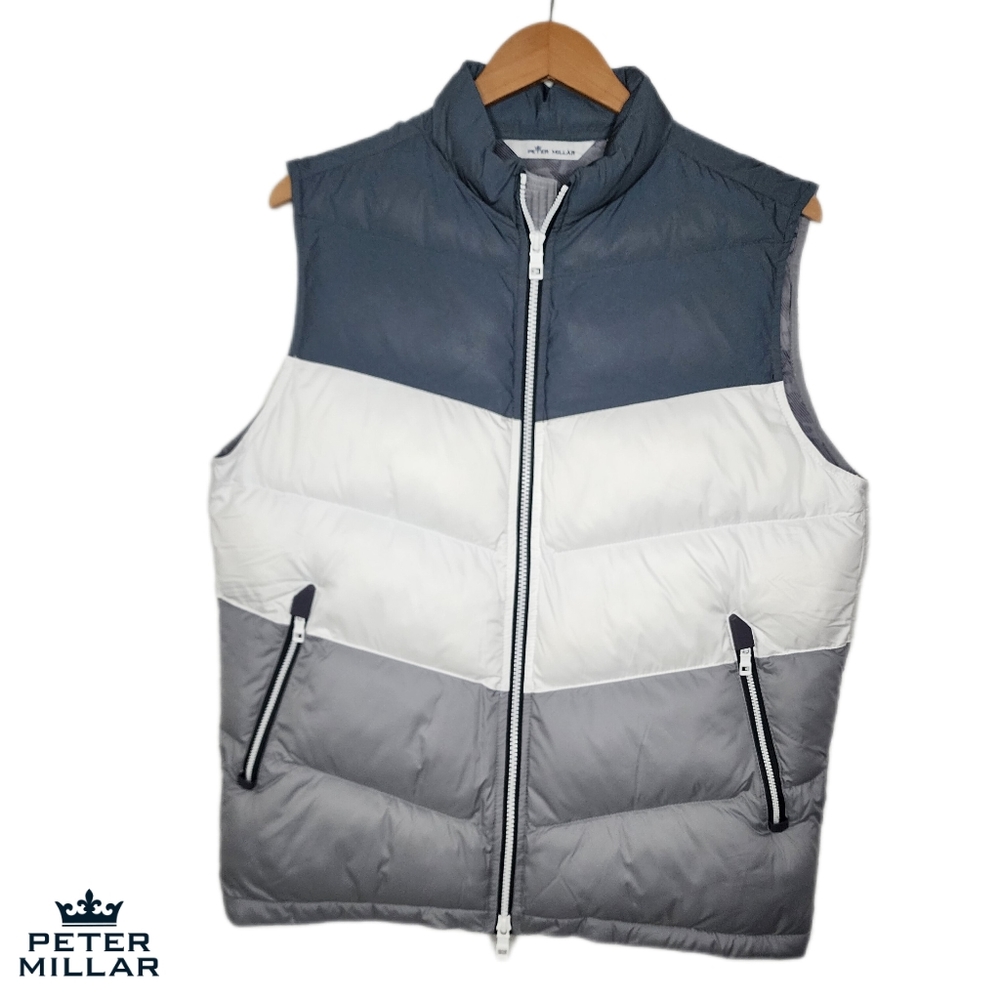 Peter Millar Mens‎ Medium NWT Grey White Puffer Après Ski Vest Black Reflective